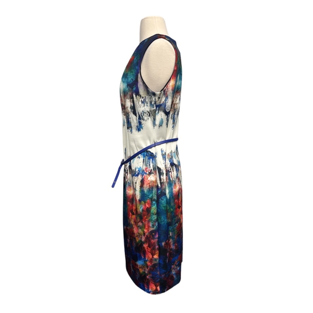 Joseph Ribkoff Watercolor Blue Red Abstract Sleeveless Sheath Dress With Belt - Picture 5 of 11
